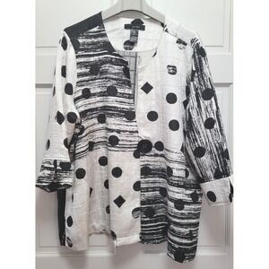 Ali Miles Women's Satin Crinkle Geometric Print Blazer - Black/White - Size 2X